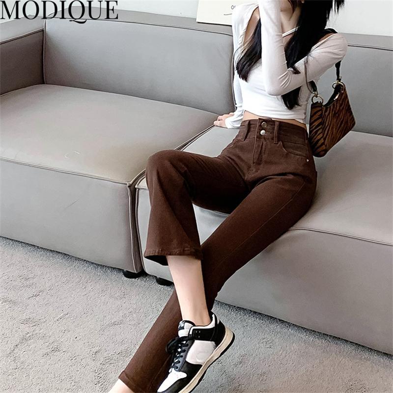 MODIQUE Autumn Plus Size New Women Basics Elastiske Bell-Bottoms Dame Høy midje Full Lengde Flare Bukser Dame Uformelle lange denim jeans