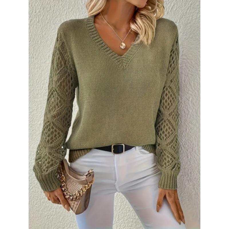 Women V Neck Long Sleeve Knit Sweater With Hollow Out Sleeves Casual Pullover