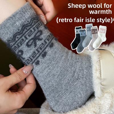 Dicke und warme mittelhohe Wollsocken für Damen für Herbst und Winter, bestickte Schleife, vielseitige Frotteesocken