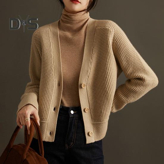 Women Sweater Coat V-Neck Long Sleeve Ribbed Trim Knitting Outwear Solid Color Loose Fit Tops Travel Streetwear
