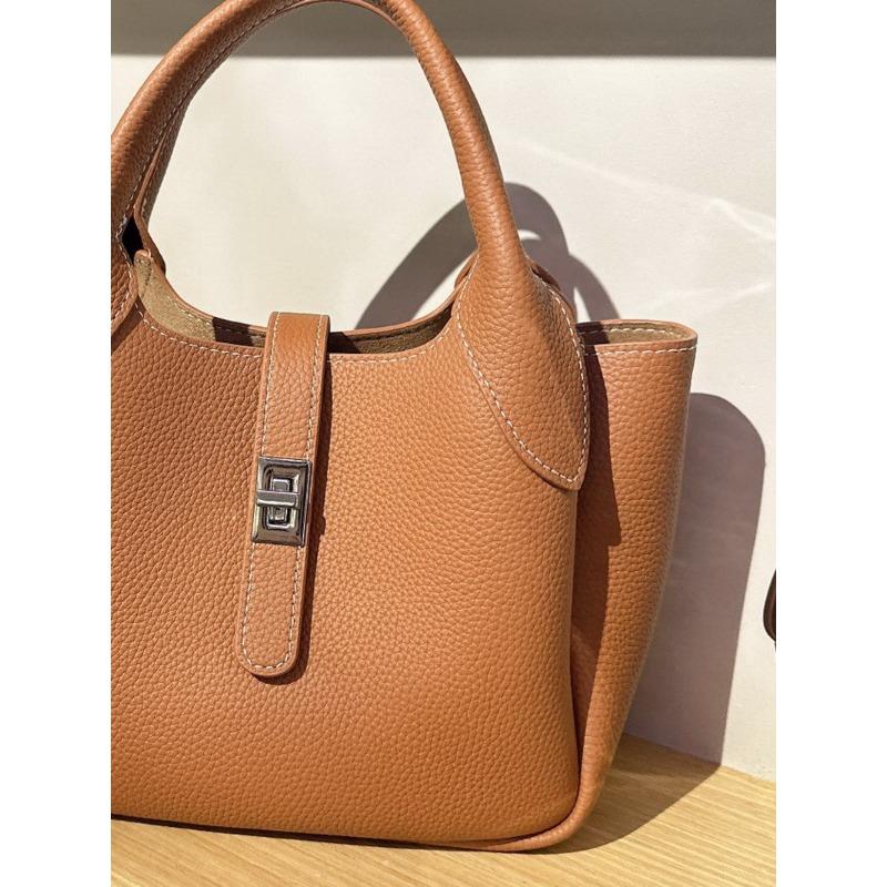 New first-layer cowhide leather high-end bucket bag vegetable basket bag single shoulder crossbody handbag women's bag