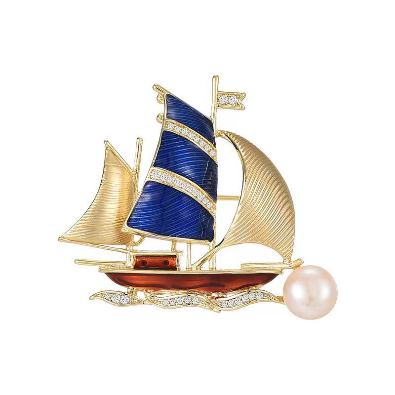 

Elegant Enamel Sailboat Brooch with Pearls - High-End Retro Corsage Pin for Women s Clothing Accessory