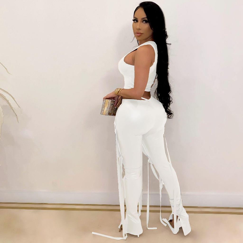 AL154 Women's Sexy Two-Piece Set: Strappy Tank Top & Faux Leather Pants for Nightclub Summer Wear.