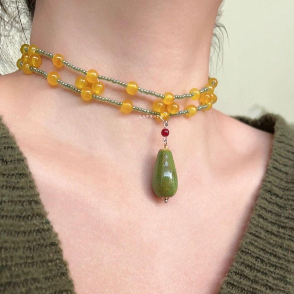 Minority Design Handmade Beaded Necklace New Chinese Style Ceramics Pendant Necklace  Women