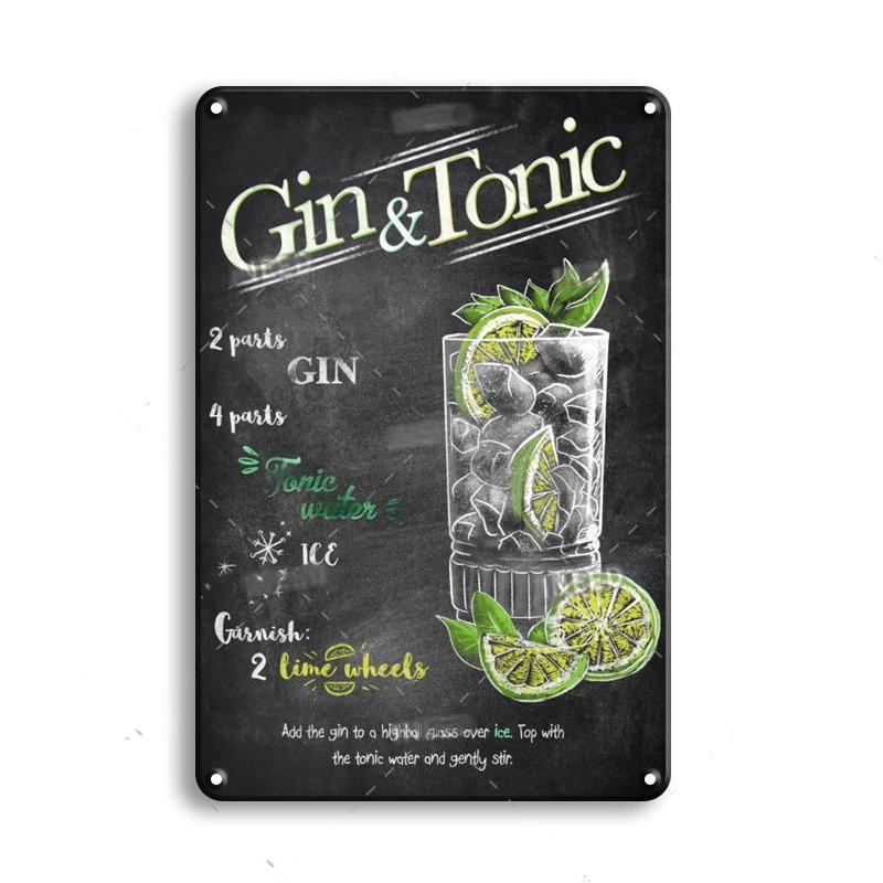 Vintage Metal Tin Sign Decorations Gin & Tonic Cocktail Plate Decorative Poster Plaque Bar Kitchen Home Wall Decor 8 X 12 Inch