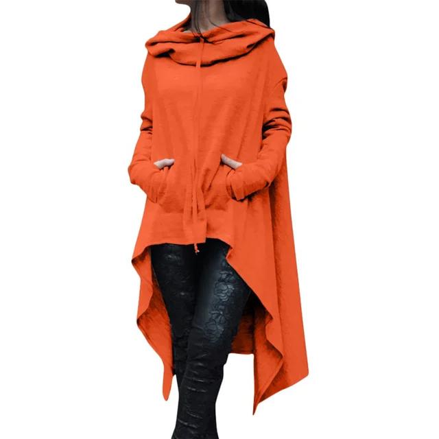 Felpa con cappuccio da donna in misto cotone tinta unita con orlo asimmetrico con coulisse Cappotto poncho allentato per felpa con cappuccio da donna