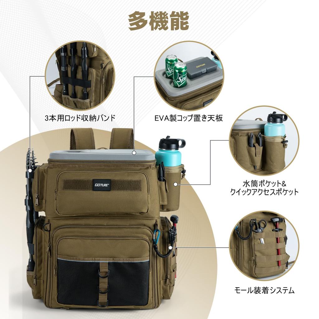 Goture Angelrucksack, Angeltaschen, 66L Große Kapazität, 600D Oxford-Gewebe, SBS-Reißverschluss, Wasserabweisend, Kühlbox-Funktion, Erweiterbar EVA