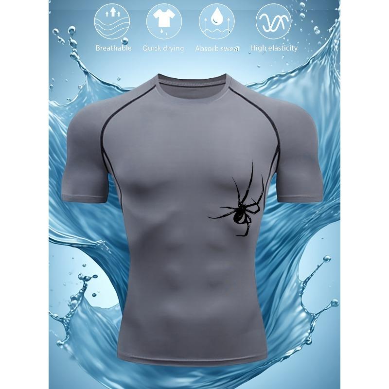 Mens Black Compression Short Sleeve T-Shirt Spider Graphic High Elasticity Breathable Gym Workout And MMA Athletic Top