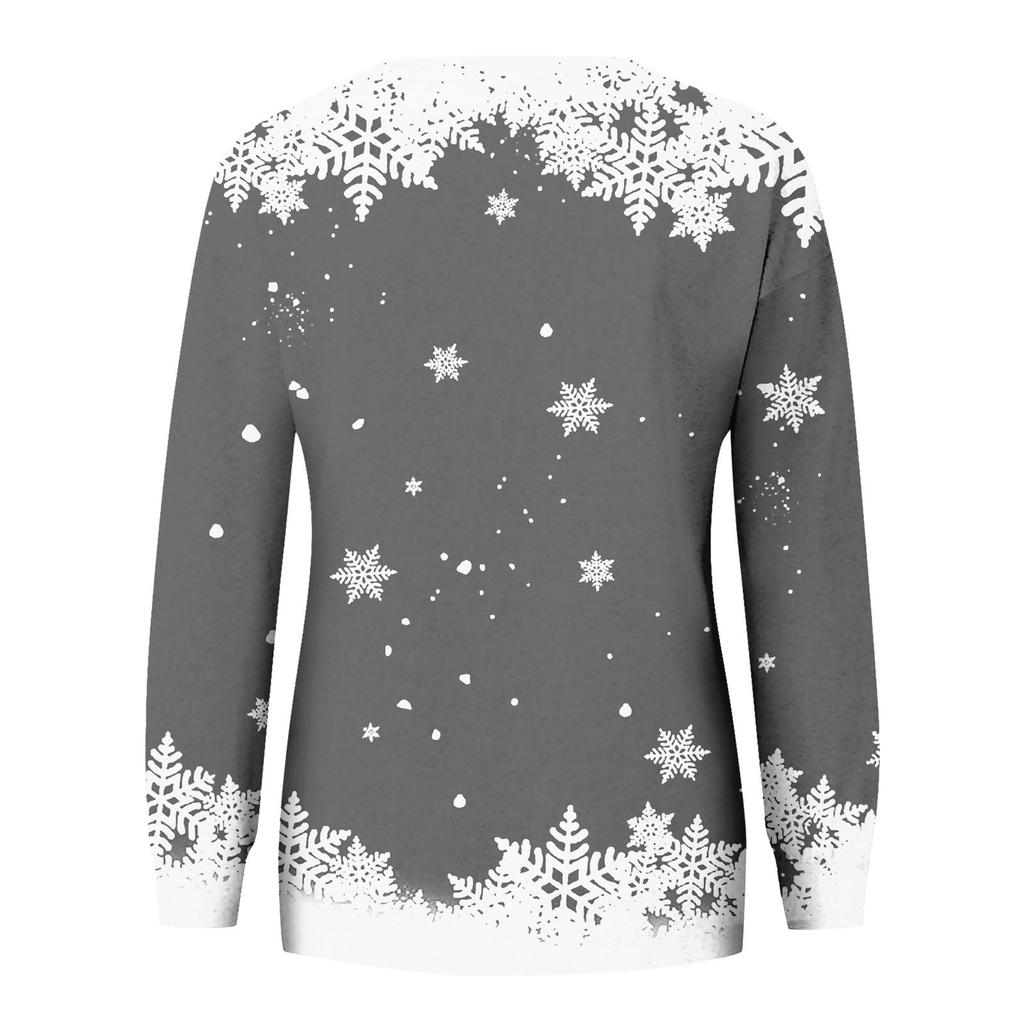 Damemote juletrykt langermet løs sweatshirt med rund hals