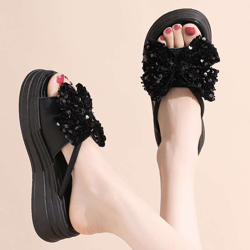 Super fire with skirt platform slippers women's summer wear 2025 new bow sequins high-end sandals