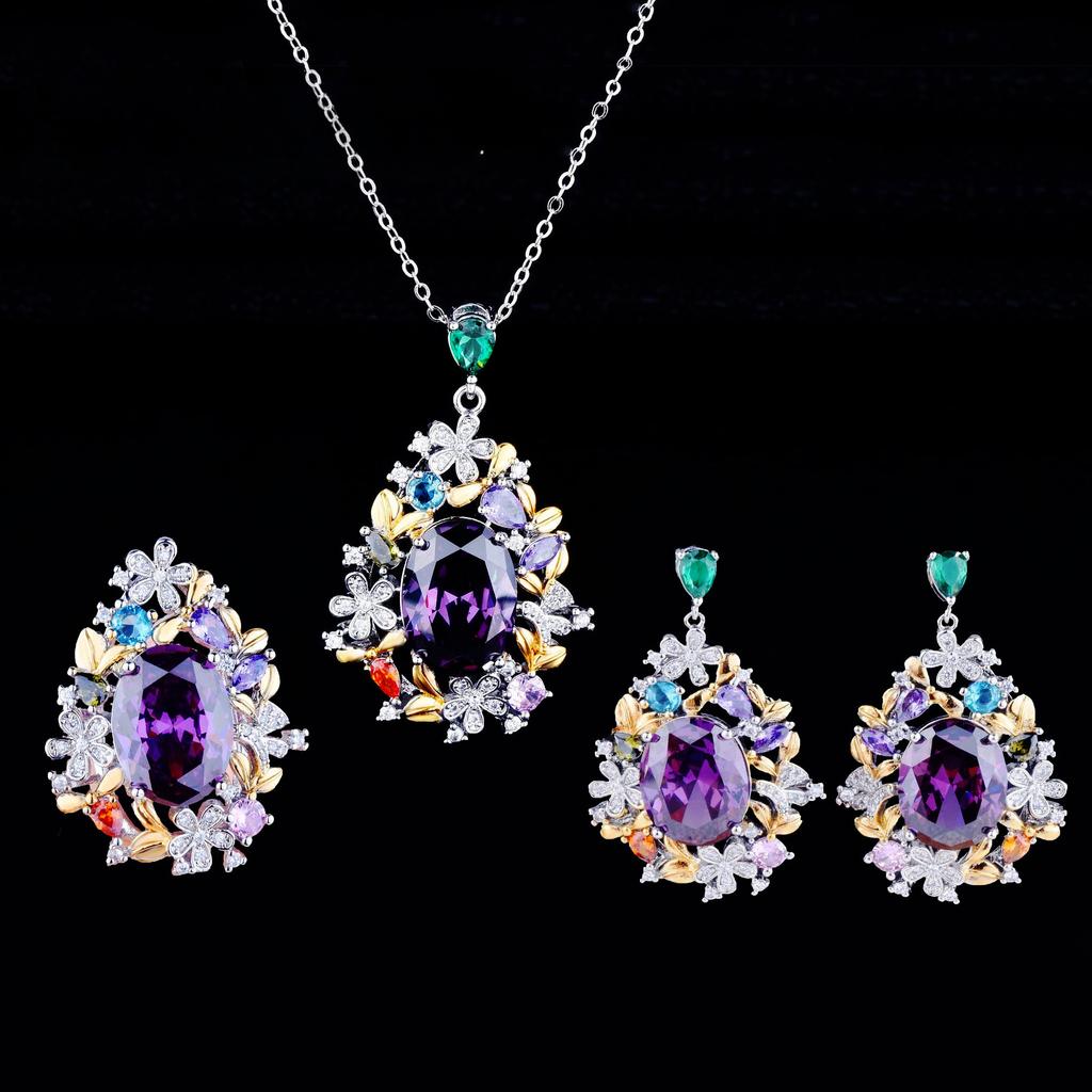 Kleur Schat Oorbellen Fanta Ring Violet Geel Diamanten Set