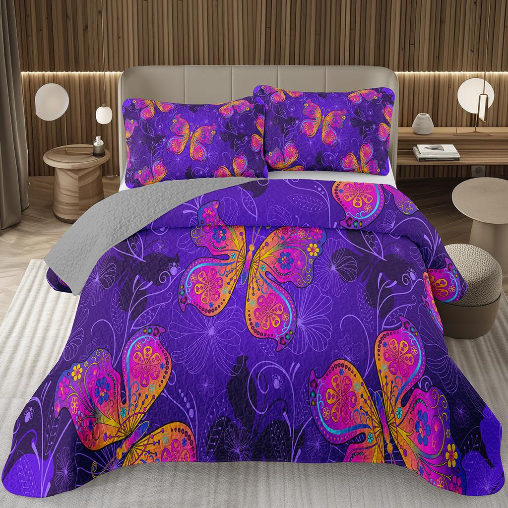 Butterfly Bedspread Twin/Queen/King Watercolor Botanical Floral Coverlet Fantasy Style Bedding Set Reversible Quilted Bedspreads