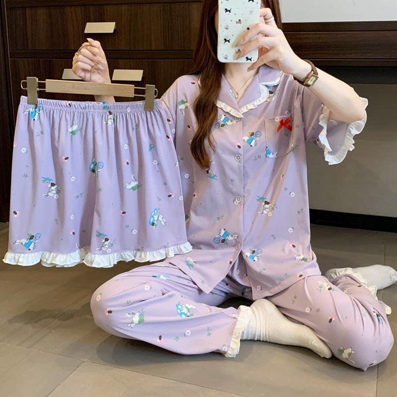 Summer New Purple Lazy Rabbit Cartoon Pajamas Women's Short-sleeved Imitation Cotton Edge Loungewear Three-piece Set