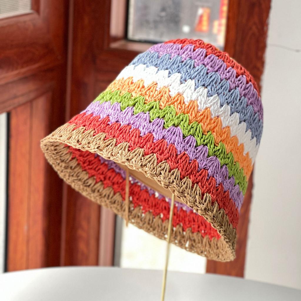 New rainbow striped straw hat women's summer fashion sunscreen sunshade bucket hat casual bucket hat face cover basin hat tide