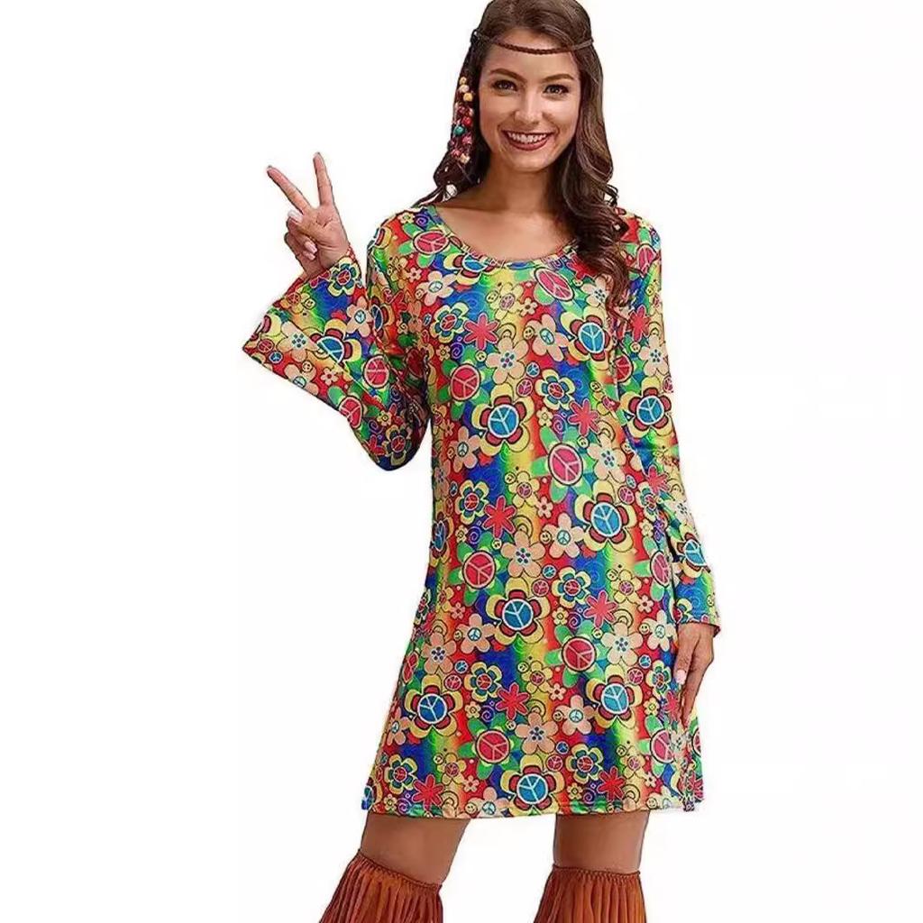 New Women's Halloween Vintage Hippie Trumpet Sleeve Printed Women's Dress