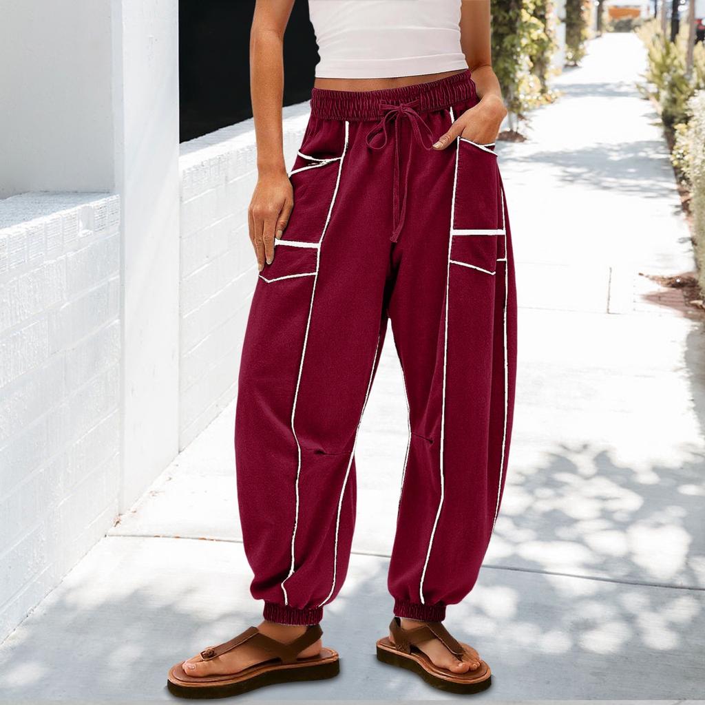 Women's Sanitary Pants, Wide Leg Pants, High Waist, Leg Cinching, Patchwork Pockets, Casual Pants