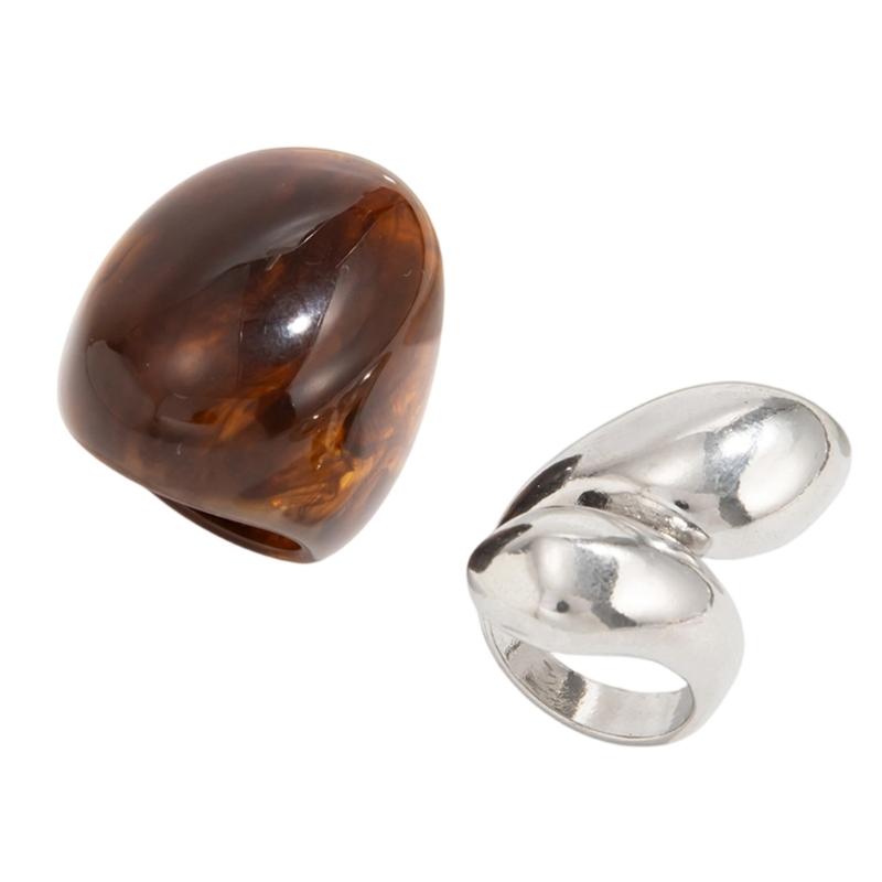 2PCS Unique Handcrafted Teardrop Finger Jewelry Fashionable Geometric Rings Set Resin and Alloy Texture for Daily 1