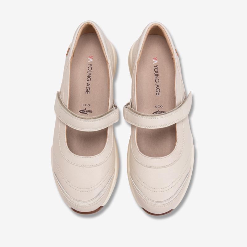Young Age Women Goat Leather Casual Mary Jane Sneakers Ivory