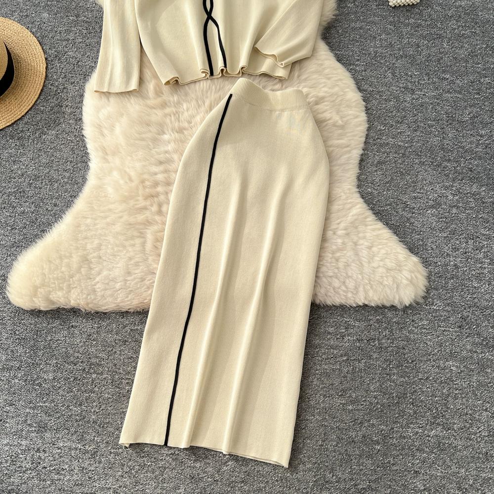 Autumn Winter Women Flower Knitted Sweater Two Piece Set Full Sleeve Pullover Top and Long Midi Slim Bodycon Sheath Skirt Outfits