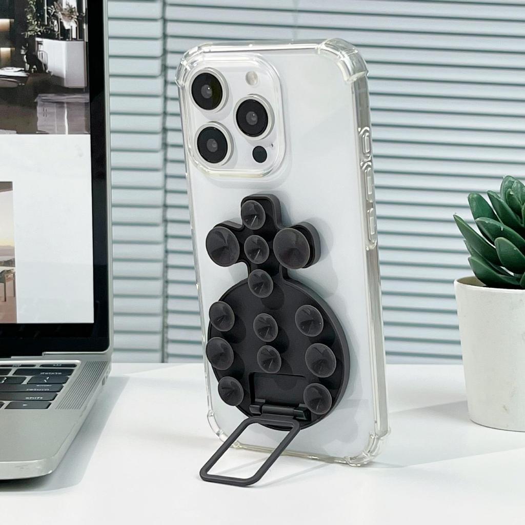 Magnetic Liquid Silicone Phone Case with Adhesive Metal Ring and Retractable Suction Cup Stand
