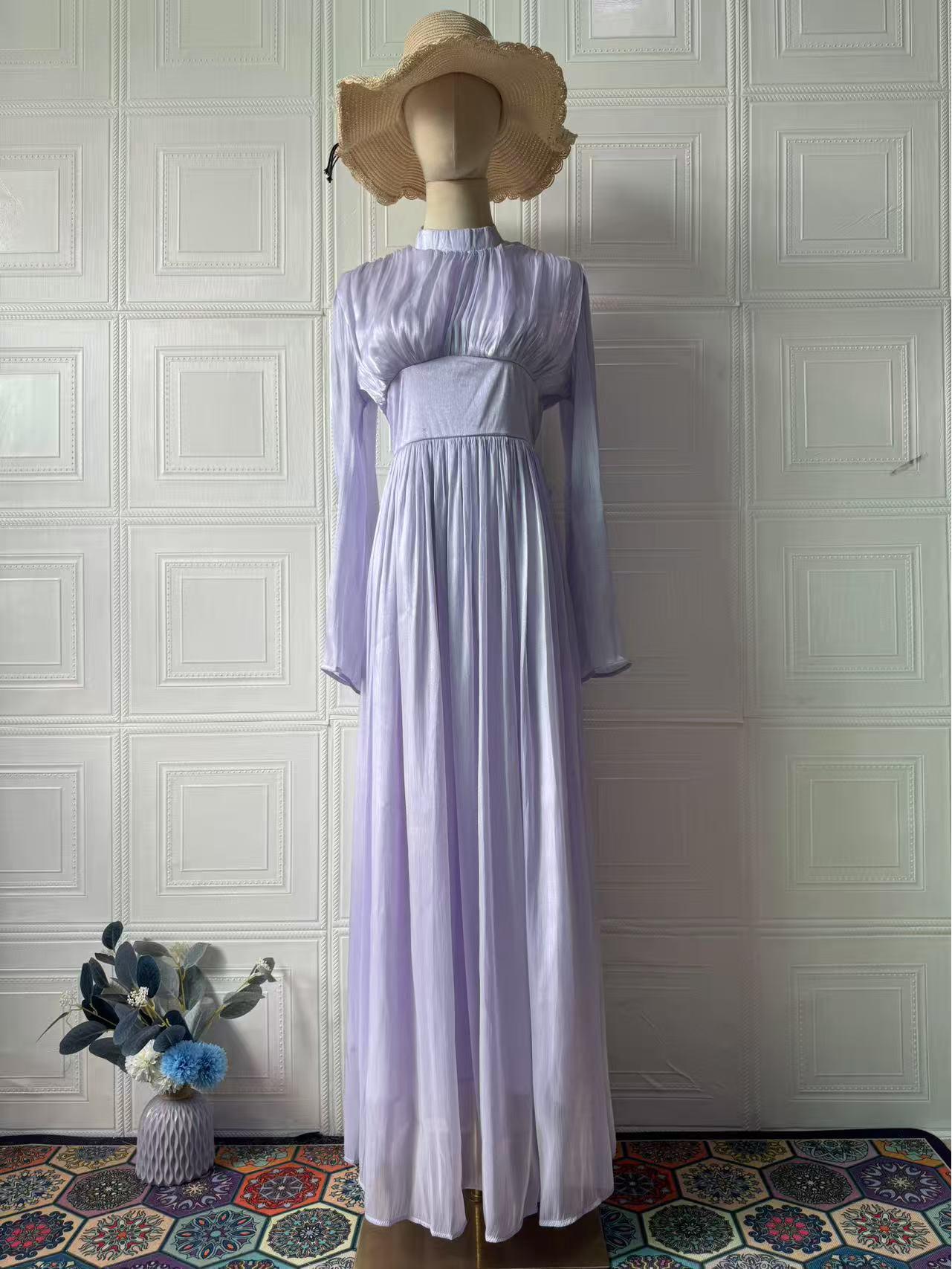 

2025 Elegant Long Sleeve Waist-Cinching Summer Dress for Women Large світло-фіолетового кольору