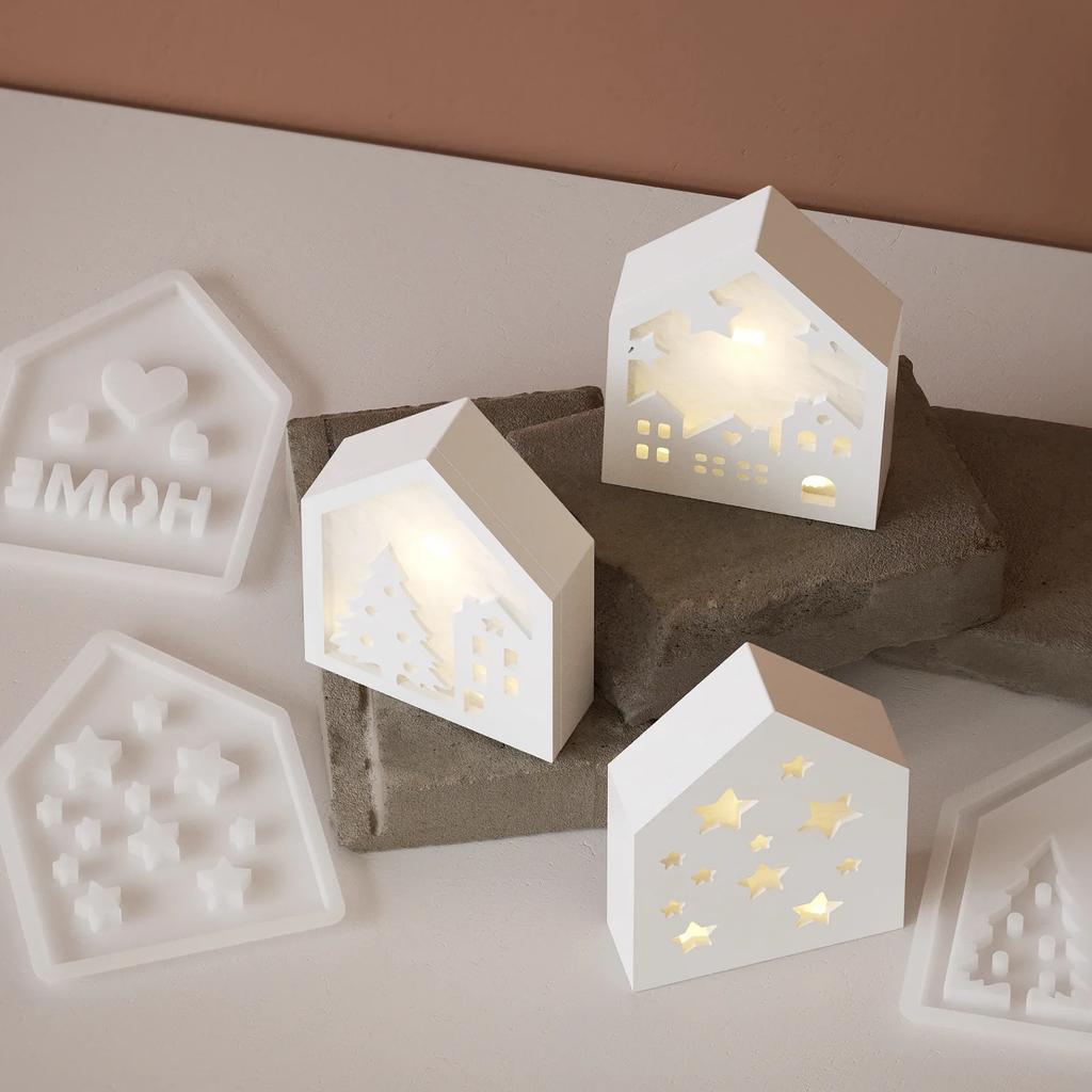 4PCS Luminous Hollow House Silicone Molds for Decorative Ambient Lights, Plaster Molds, And Storage House Molds