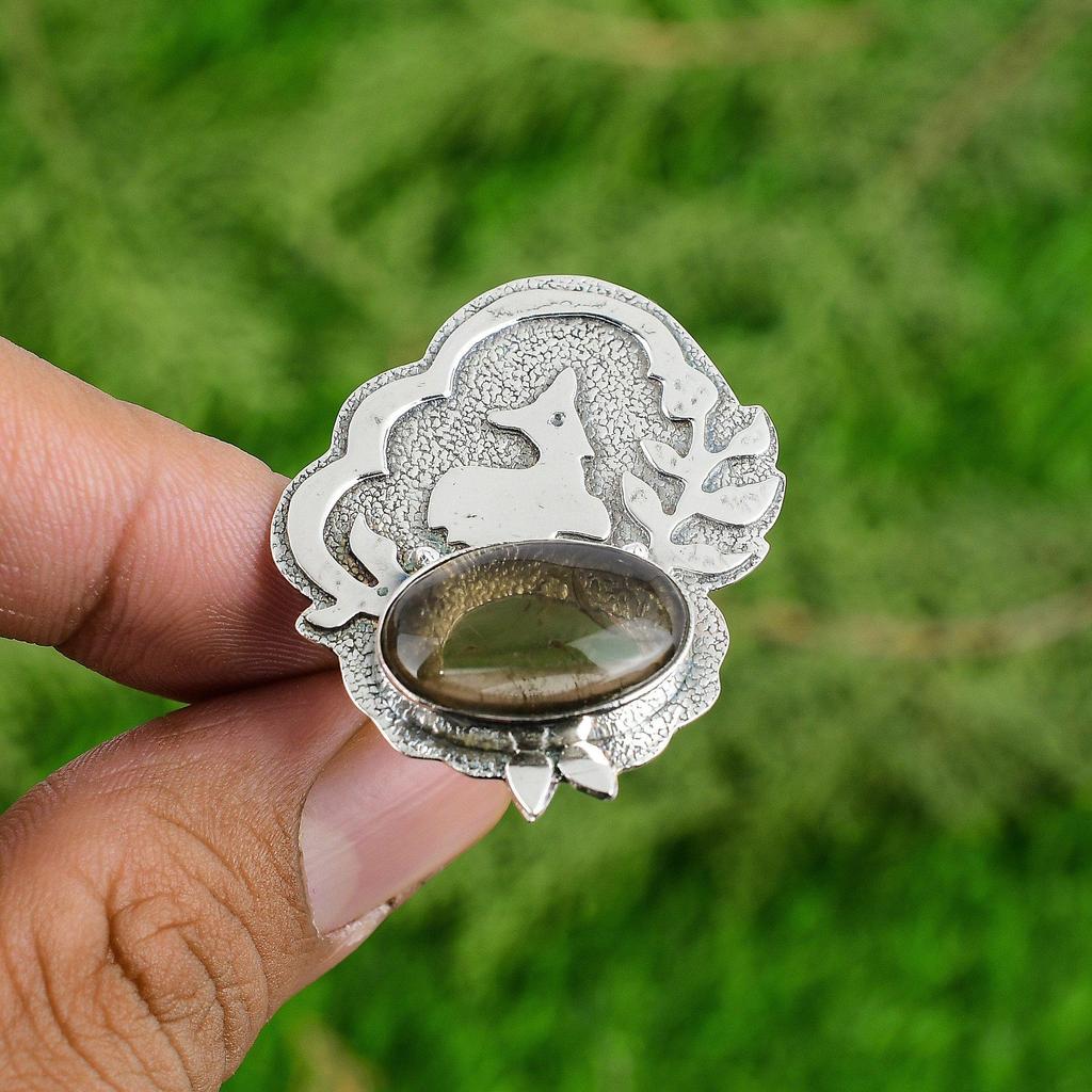 925 Silver Natural Smoky Quartz Engagement Statement Wedding Root Chakra Ring