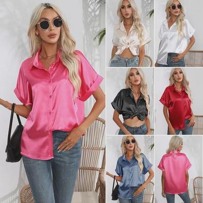 2025 Damen Europäisches und Amerikanisches Kurzarm-Satin-Button-Down-Hemd - Lässige, lockere Passform