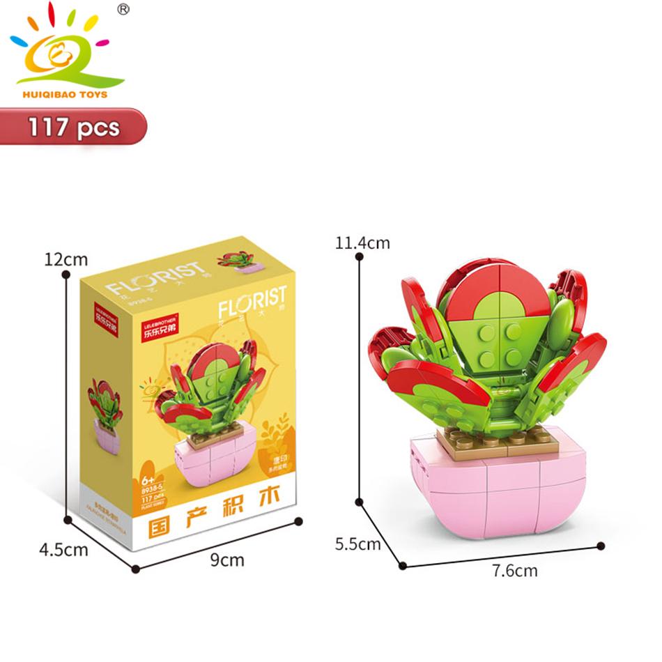 HUIQIBAO MOC Flower Succulent Potted Model Building Block DIY Eternal Bouquet Home Desk Plant Decor Brick Girl Gift Children Toy
