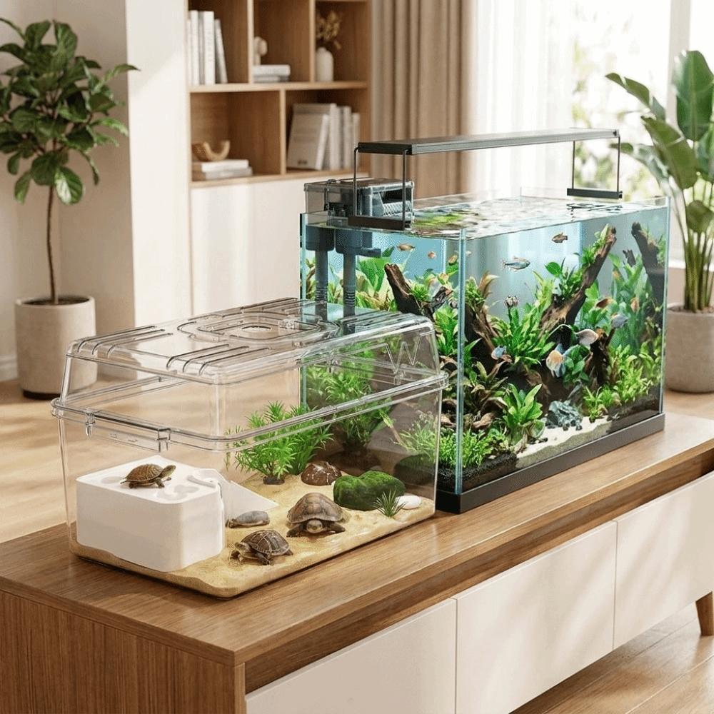 Acquario per Tartarughe Traspirante Piattaforma per Raggi UV Tartarughe Box per la Riproduzione Tartarughe Granchio Eremita