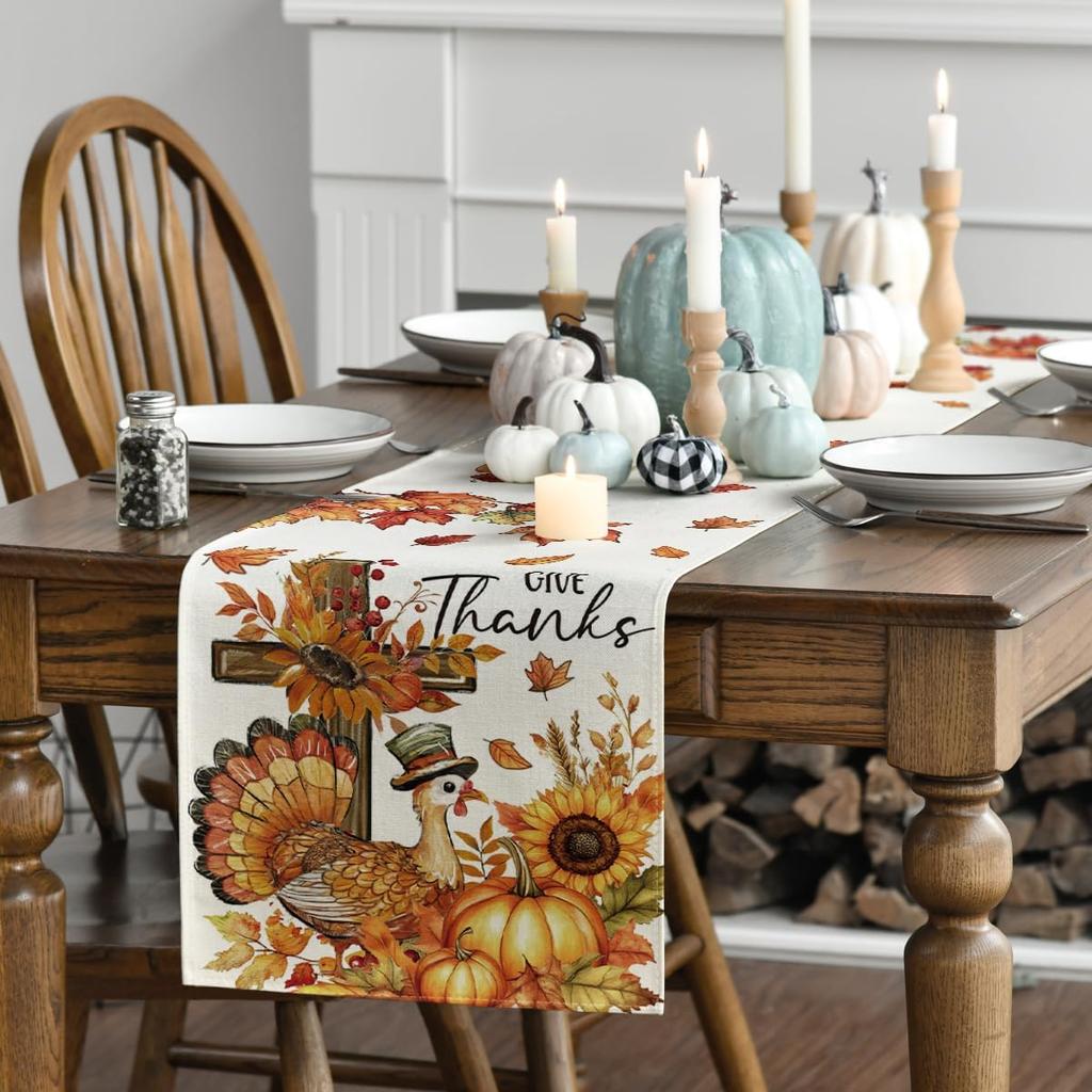 Fall Sunflower Cross Turkey Linen Table Runner Holiday Party Decor Autumn Kitchen Dining Table Runner Thanksgiving Decorations