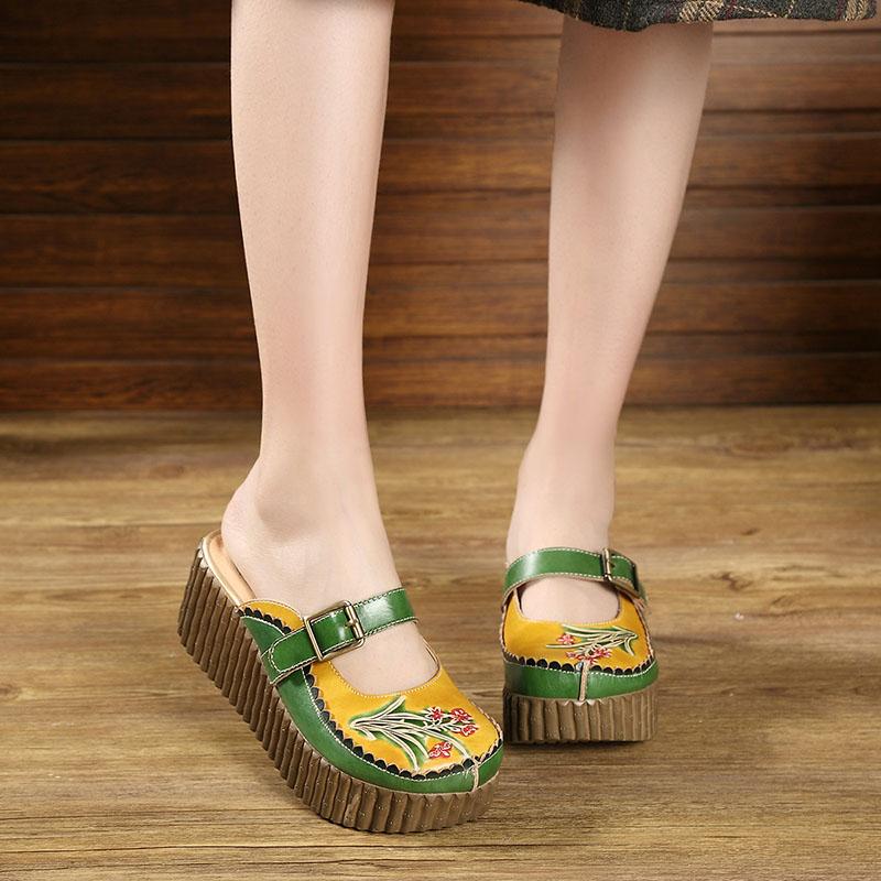 Fashion GKTINOO 2025 Wedge Slides Shoes Women Cover Toes Buckle Flower Cut Out Summer Female Genuine Leather Platform Slippers