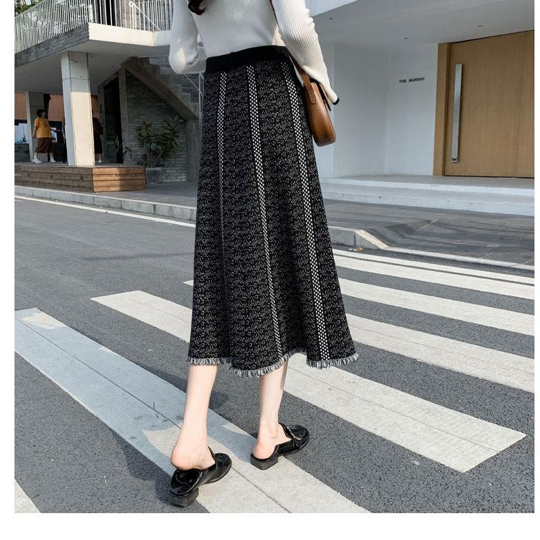 Bodycon Houndstooth Knitted A-Line Skirt Women's Korean Style Plaid Midi Skirt Fringed Wool Skirt