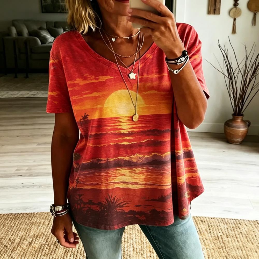 Women Boho Paisley Print Blouse V‑Neck Short Sleeve Ethnic Retro Loose Plus Size Casual Summer Tunic Top