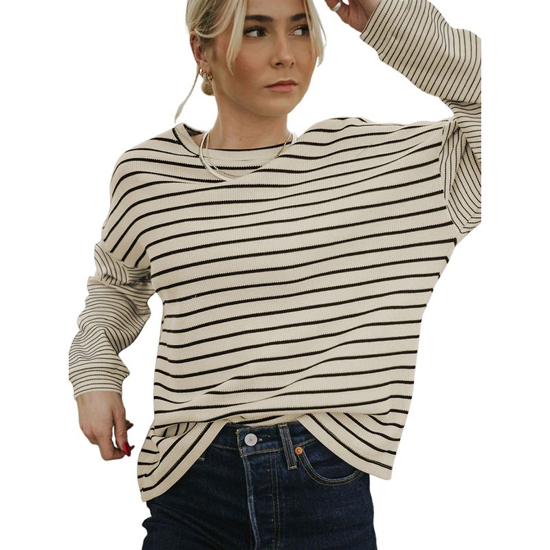 Fall New Simple and Versatile Stripes Long Sleeves T-shirt Female 2025 European and American Leisure Loose Shoulder Round Neck Sweatshirt Female