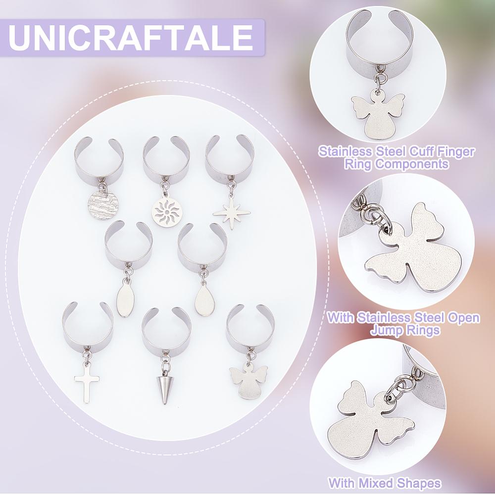 304 Stainless Steel Open Cuff Rings, with Mixed Shapes 304 Stainless Steel Charms, Stainless Steel Color, 36~38mm, 8pcs/set