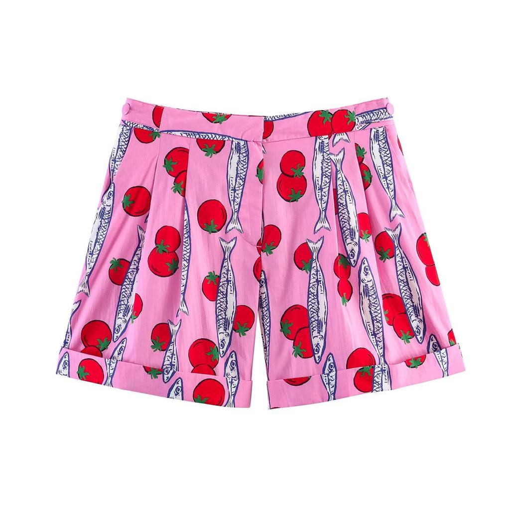 European and American Style, New Women's Clothing, Bow-decorated Printed Shirt Pleated Printed Casual Shorts