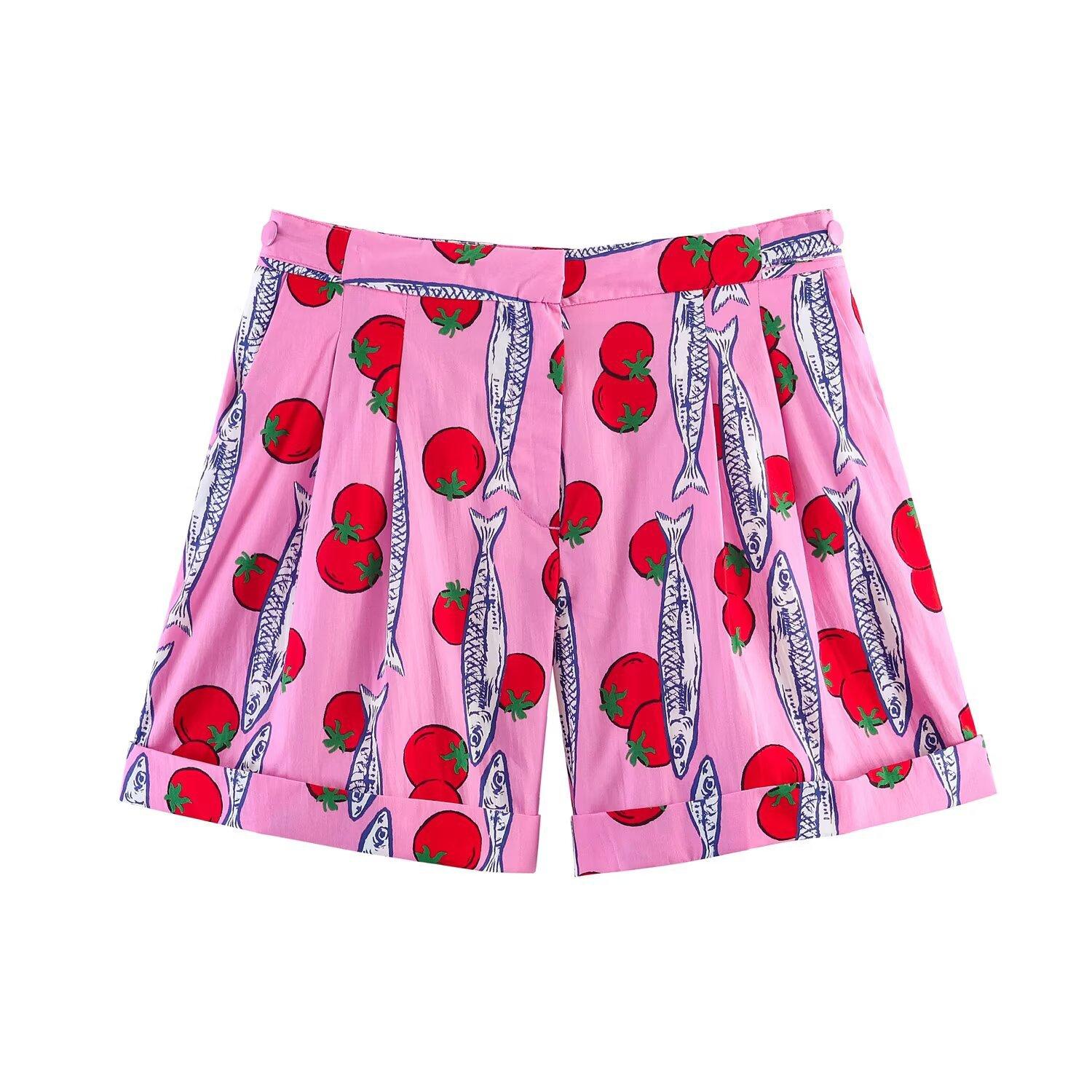 European and American style, new women s clothing, bow-decorated printed shirt pleated printed casual shorts XS