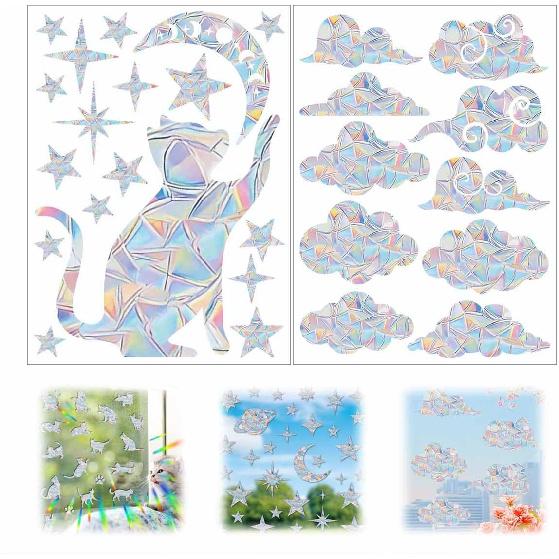 21pcs Star Moon Cat Sun Catcher Window Clings for Glass Windows, Anti-Collision Stickers Decals Prevent Bird Strikes,Rainbow Prismatic Window Clings