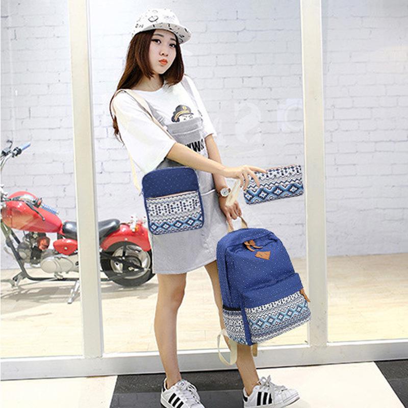 SUNBORLS Canvas Backpack Women's Bag Women's Ethnic Style Backpack Casual Student Schoolbag Diagonal Bag Pen Bag Three-piece Set