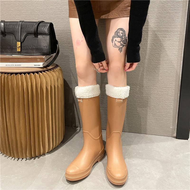 Fashion new high tube rain shoes female adult velvet warm non-slip water shoes high top boots cold rain shoes