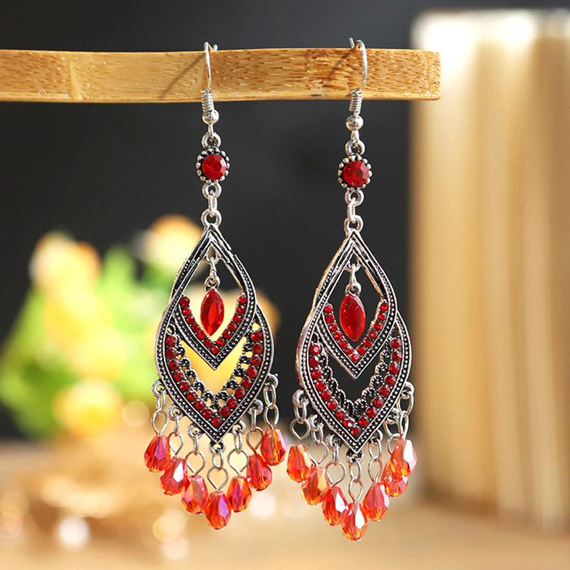Vintage Chinese Style Crystal Bead Tassel Earrings for Women Long Elegant Hollow Rhinestone Dangle Silver Color Earring Jewelry