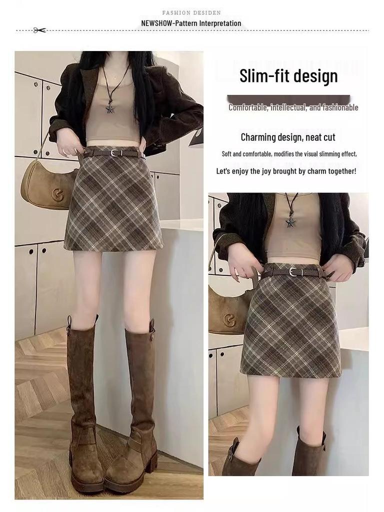 Women's High Waist Plaid Wool A-Line Skirt - Retro Style for Spring and Autumn