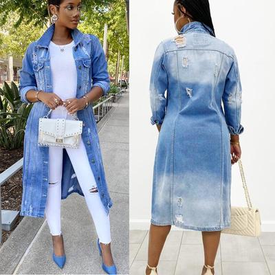 Trench in denim con bottoni strappati lunghi tinta unita autunno e inverno da donna
