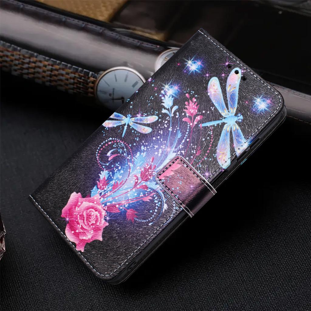 Libellen Rosa Rose PU Leder Geldbörse Klapphülle Fotorahmen Buchhülle für iPhone Samsung Huawei Honor Xiaomi Redmi Oppo Infinix Tecno Google...