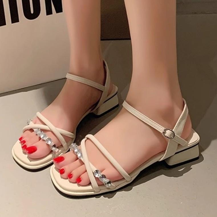 2025 new French rhinestone fashion sandals for women wear thick heels with skirts in summer with beautiful one-strap Roman shoes