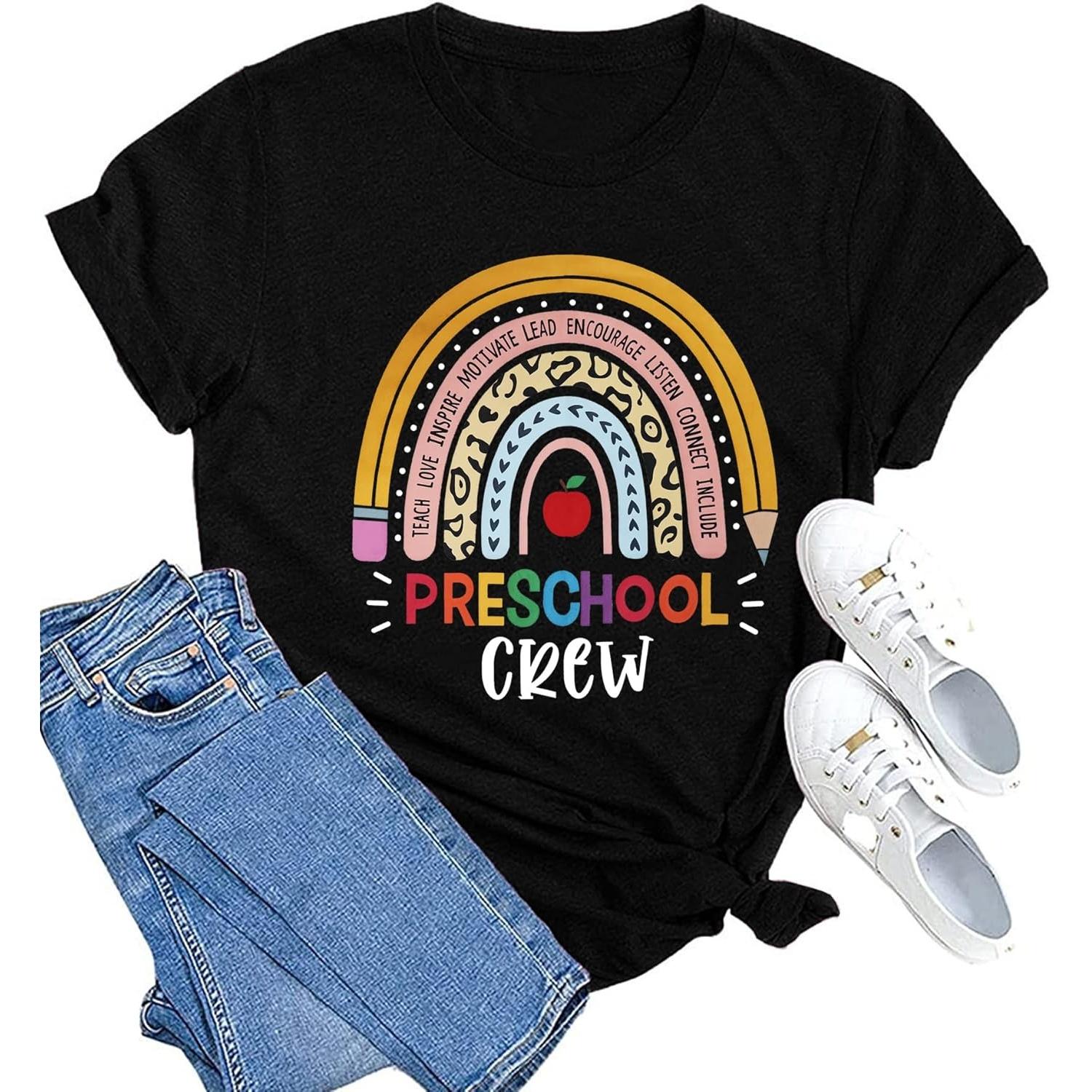 MAIHUN Womens Preschool Teacher Shirts Preschool Crew Tshirt Teacher Life Rainbow Graphic Short Sleeve S