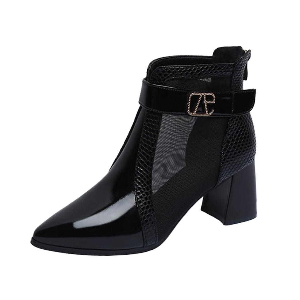 Women's Fashion Mesh Hollow Pointed Ankle Boots Leather Top High Heel Back Zip Boots Women Lug Sole Platform Boots
