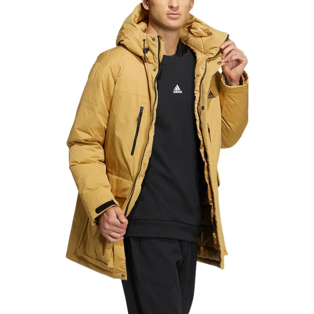 Adidas Solid Color Logo Print Hooded Down Jacket with Concealed Zipper Men Outerwear Yellow HN2097