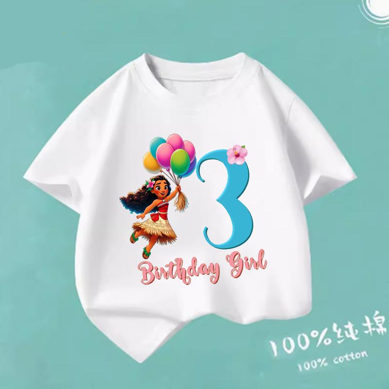 Moana 2 Cartoon Pattern Numbers Girls Cute T-shirts Kids Birthday Party Clothes 1-9 Print Child Tee Fashion Summer T Shirt Gifts